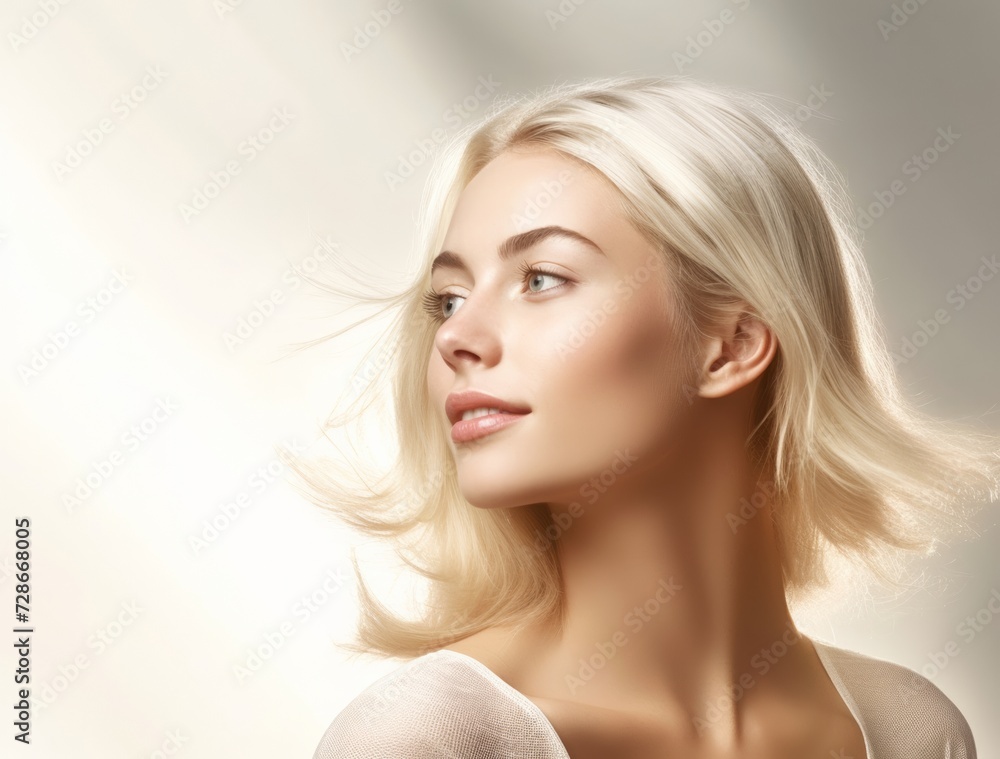 Beautiful girl with hair coloring in ultra blond. Stylish hairstyle curls done in a beauty salon. Fashion, cosmetics and makeup Beautiful girl with hair coloring in ultra blond. Stylish hairstyle curls done in a beauty salon. Fashion, cosmetics and makeup