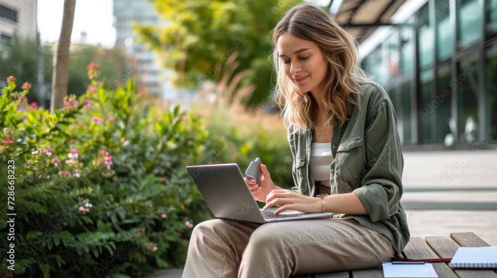 young woman is focused on working on her laptop while sitting at a wooden table outdoors, with plants around and modern buildings in the background young woman is focused on working on her laptop while sitting at a wooden table outdoors, with plants around and modern buildings in the background