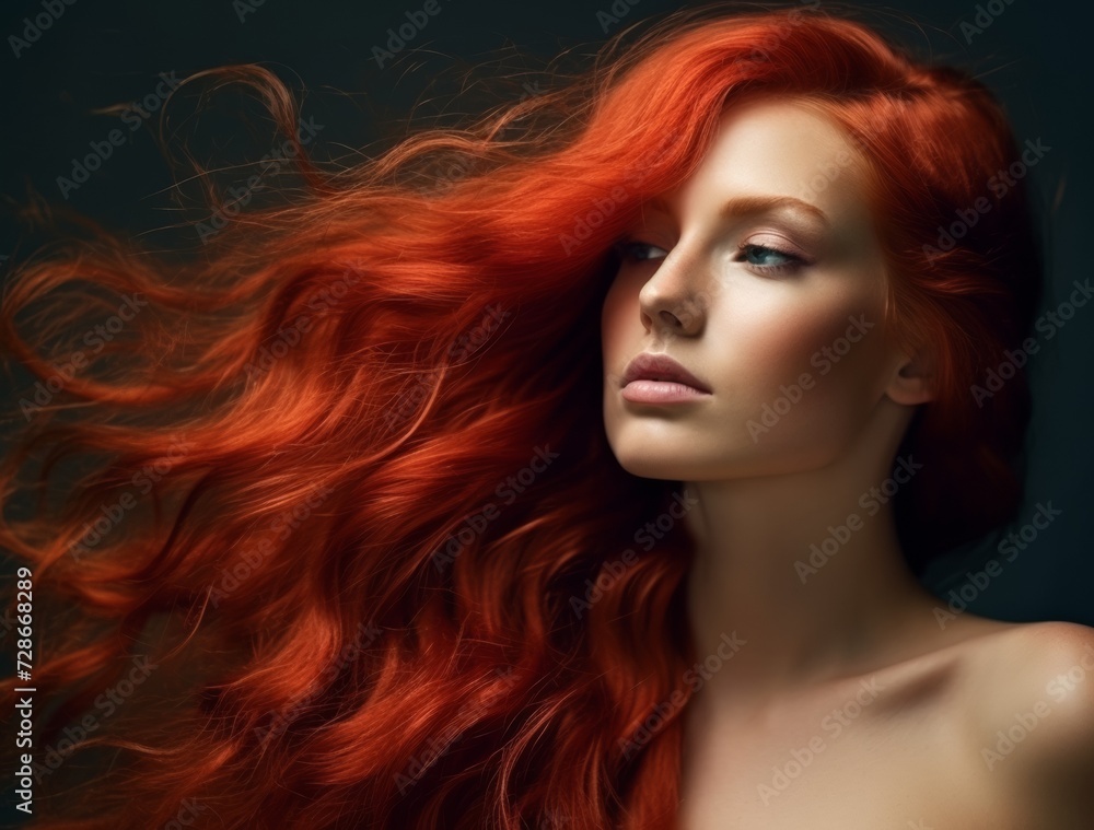 Portrait of woman with long curly beautiful ginger hair.