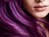 Close up long purple curly hair. Care products , hair colouring. Treatment, care and spa procedures. Hair coloring