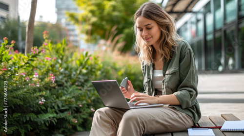 young woman is focused on working on her laptop while sitting at a wooden table outdoors, with plants around and modern buildings in the background