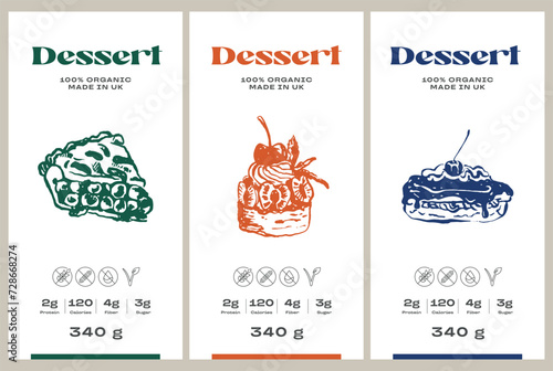 Vector hand drawn dessert packaging label design template set for cafe or restaurant	