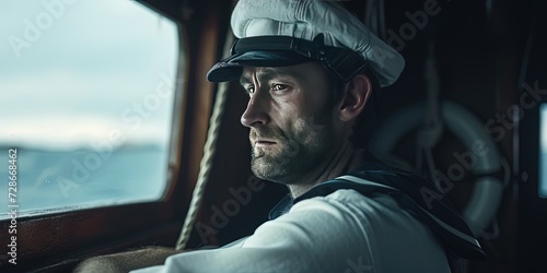 Ship's captain aboard his boat sailing and navigating the open sea