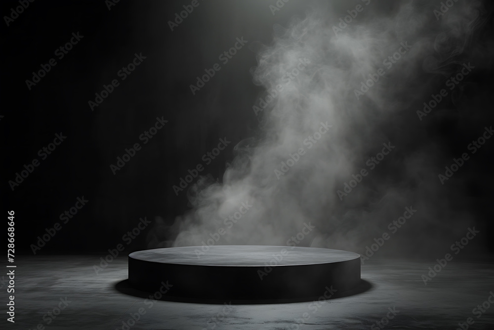 Abstract black podium stage with dark smoke background and spotlight. Textured foggy setting for product display or presentation. Mock up for commercial. 