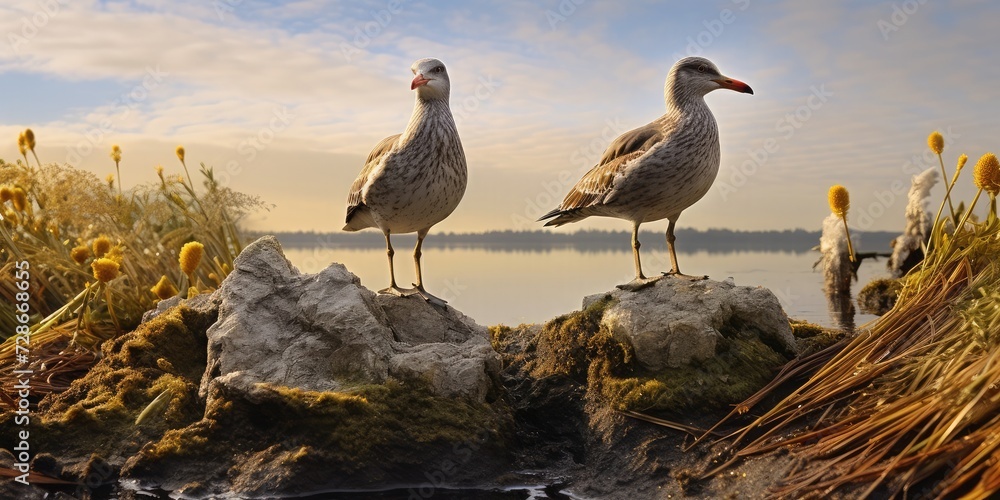 Birds stand on top of grass, in the style of norwegian nature, hdr, - obrazy, fototapety, plakaty 