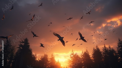 Birds are flying in groups in the sky, and they communicate with each other, local light, romanticism, 