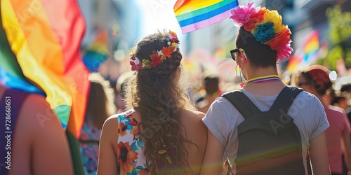 Pride parade with rainbow flags to celebrate the lgbtqia community