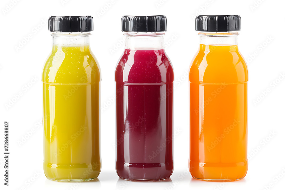 Three unlabeled bottles of natural fruit or vegetable juices with black caps isolated on white background. Mock up. Three unlabeled bottles of natural fruit or vegetable juices with black caps isolated on white background. Mock up.