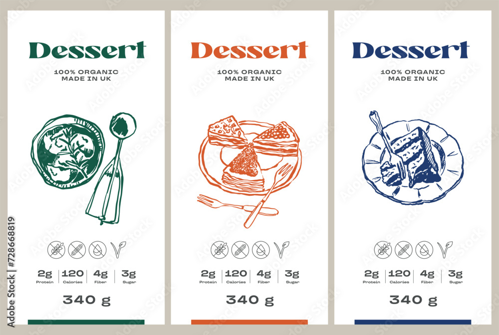 Vector hand drawn dessert packaging label design template set for cafe ...