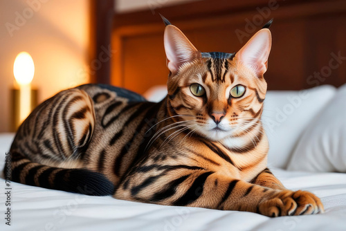 Close up portrait of a cute Bengal catt sleeping on a bed.