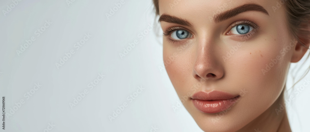 A close-up portrait capturing serene beauty; a woman with striking blue eyes and flawless skin exudes natural elegance and calm sophistication A close-up portrait capturing serene beauty; a woman with striking blue eyes and flawless skin exudes natural elegance and calm sophistication