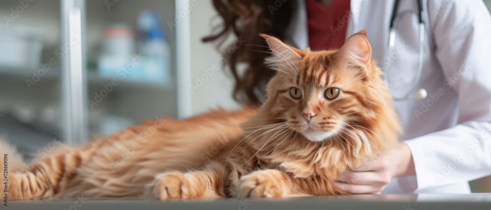 A veterinarian attentively examines a majestic Maine Coon cat in a clinical setting