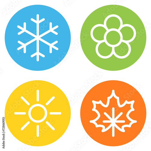 Snowflake, flower, sun and maple leaf line icons