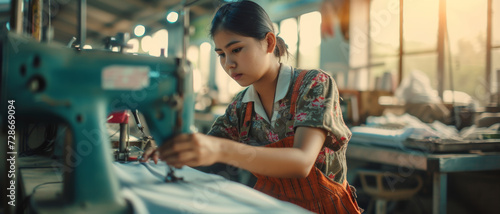 Artisan woman meticulously tailors with a sewing machine in a sun-drenched workshop