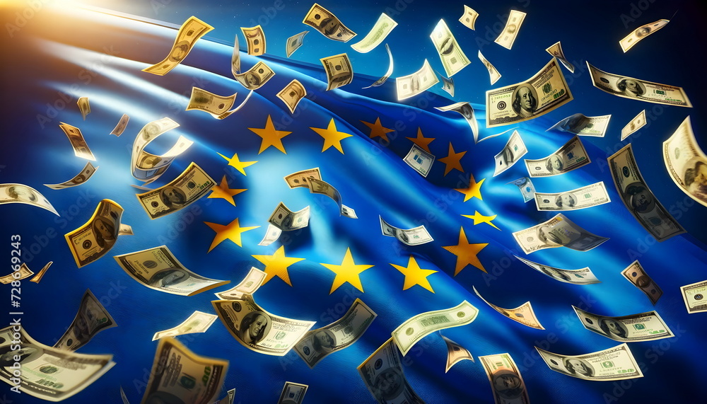 dollar banknotes flying on european union flag - obrazy, fototapety, plakaty 