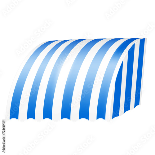 Striped blue round awning canopy isolated on white background. Scallop edge window or door tent roof. Vector template for design. Easy editable colors