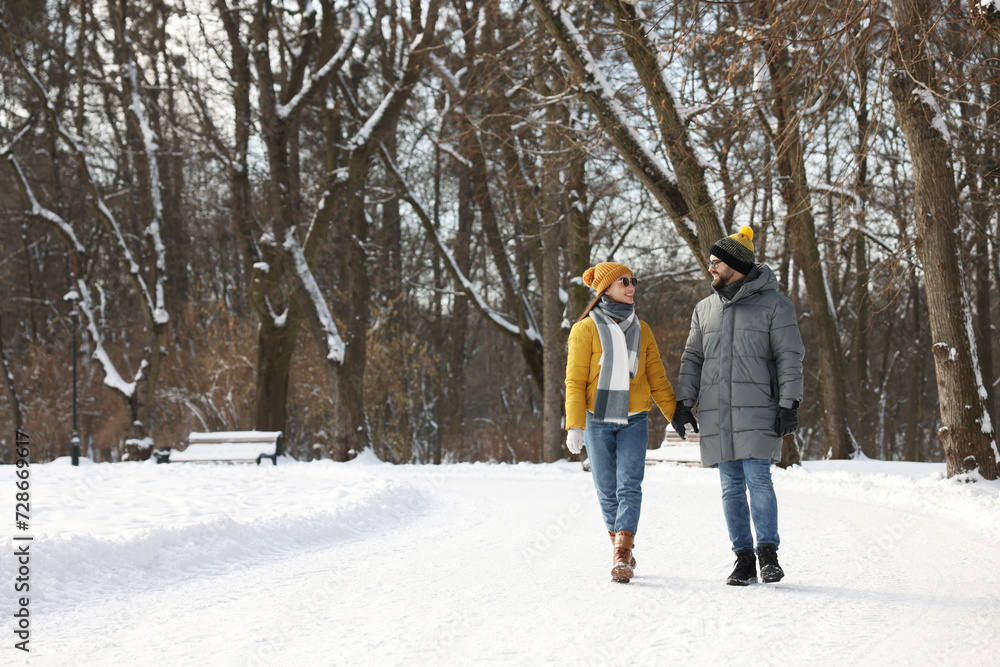Beautiful happy couple walking in snowy park on winter day Beautiful happy couple walking in snowy park on winter day