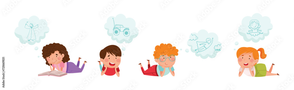 Cute Kid Imagining Object in Dream Bubble or Cloud Vector Set Cute Kid Imagining Object in Dream Bubble or Cloud Vector Set