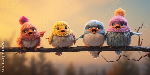 Five birds are jumping happily on the branches, parallax photography, knitted style, 8K
