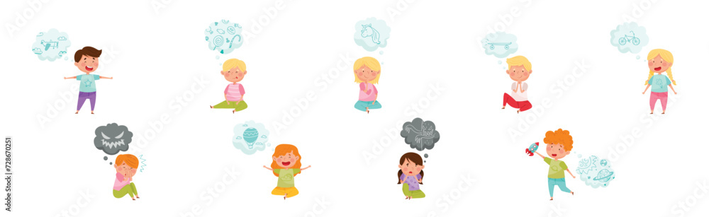 Cute Kid Imagining Object in Dream Bubble or Cloud Vector Set Cute Kid Imagining Object in Dream Bubble or Cloud Vector Set