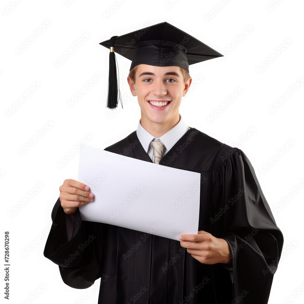 Happy student with graduation hat and diploma on white Happy student with graduation hat and diploma on white