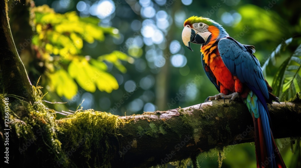 Obraz premium Huge trees and colorful birds in the Amazon rainforest, track photography, photo grade