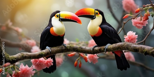 Hyper realistic photo quality double toucans on a blooming branch