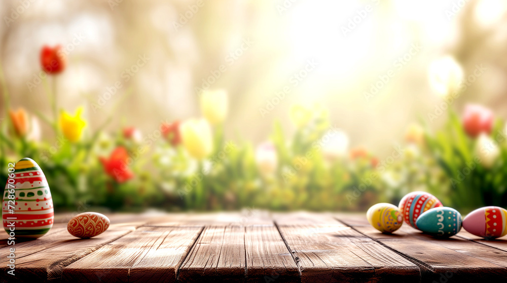 wooden table with colorful Easter eggs, spring sunny morning - obrazy, fototapety, plakaty 