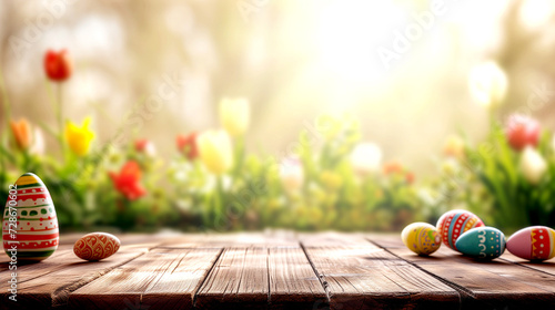 wooden table with colorful Easter eggs, spring sunny morning photo