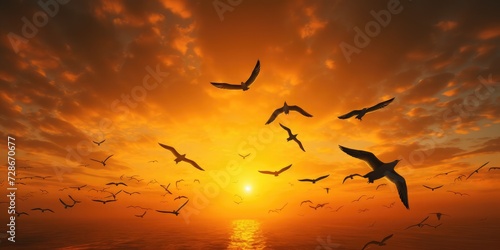 It is sunset and a flock of birds is flying across the orange sky  abstract photography 