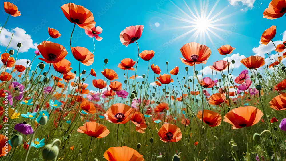 Fototapeta premium Colorful poppy flowers in the meadow against blue sky at sunny day.Natural floral background. Banner for design.AI generated.