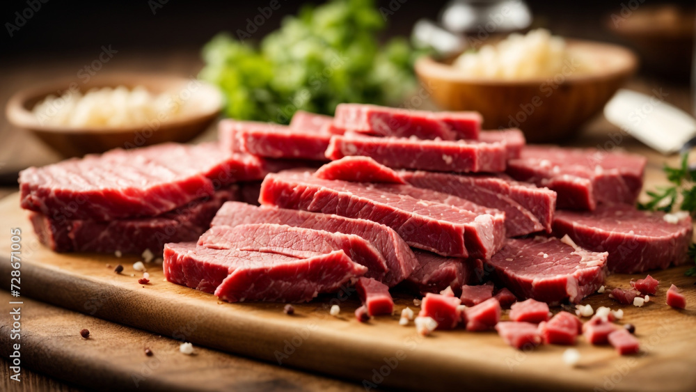 Savory Slices: Chopped Raw Beef Meat on a Wooden Board

