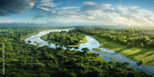 Panoramic view of the verdant Amazon rainforest bursting with life. Majestic jaguars prowling, 