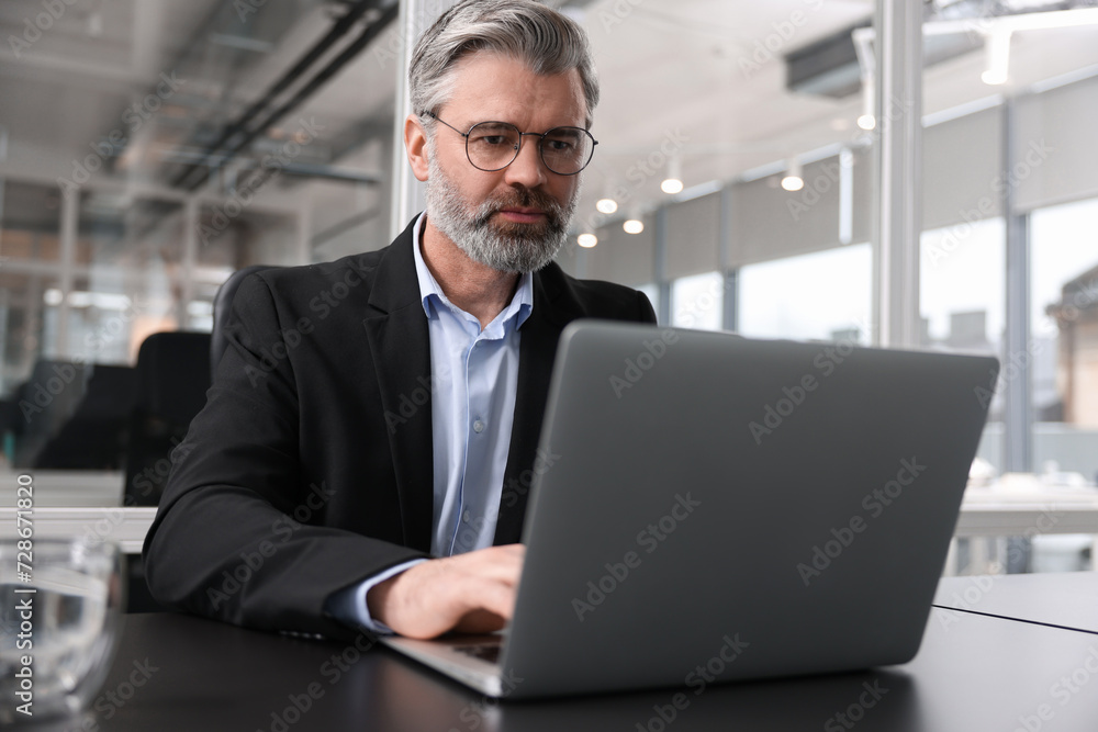 Handsome man working with laptop at table in office. Lawyer, businessman, accountant or manager Handsome man working with laptop at table in office. Lawyer, businessman, accountant or manager
