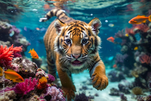 cute tiger cub swimming underwater in a tropical sea with curious eyes