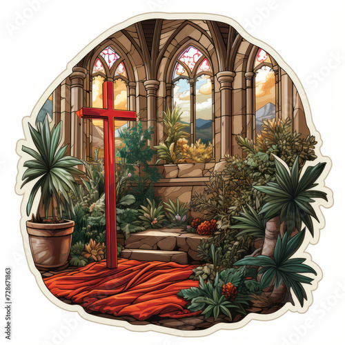 Gothic Church Window with Crucifix and Lush Greenery