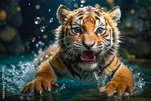 cute tiger cub swimming underwater in a tropical sea with curious eyes