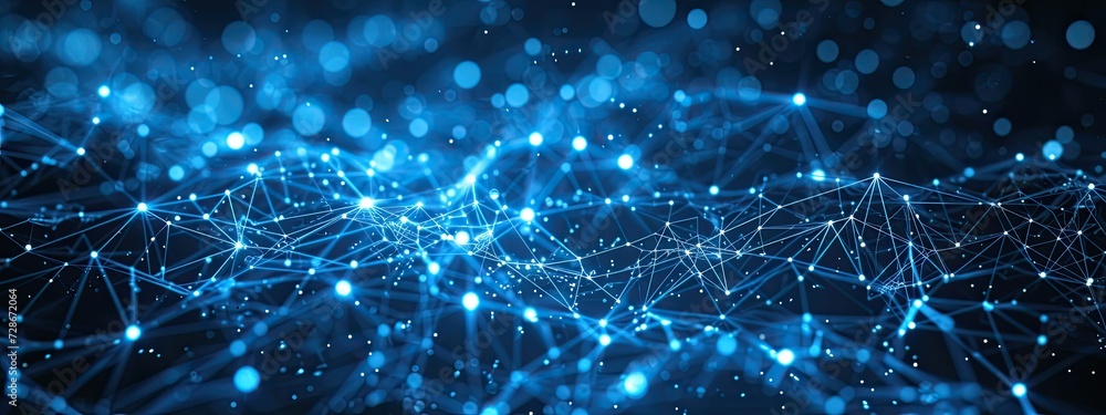 Obraz premium Abstract blue technology background with a cyber network and connected particles. Artificial intelligence, global data connections, futuristic