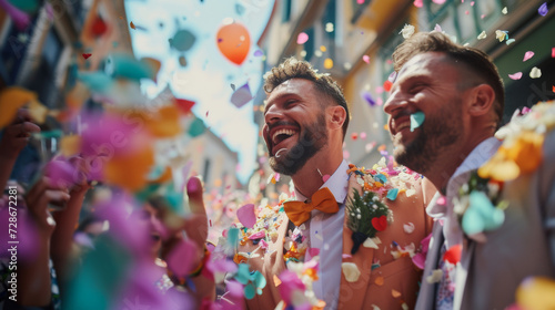 Gay couple celebrating their wedding in urban streets having a party