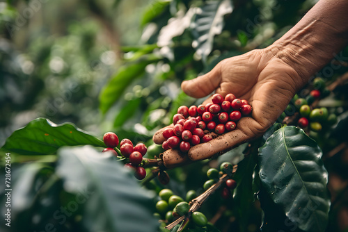 Branch with ripe coffee beans in the hands of farmer. Close up of organic red cherry bean on coffe plantation. Hands of elderly farmer picking  red berries beans from a branch. Design for banner, ads.