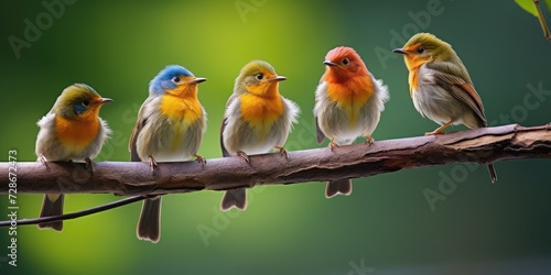 The picture depicts five birds standing on a branch, three of which are singing and two are chatting,