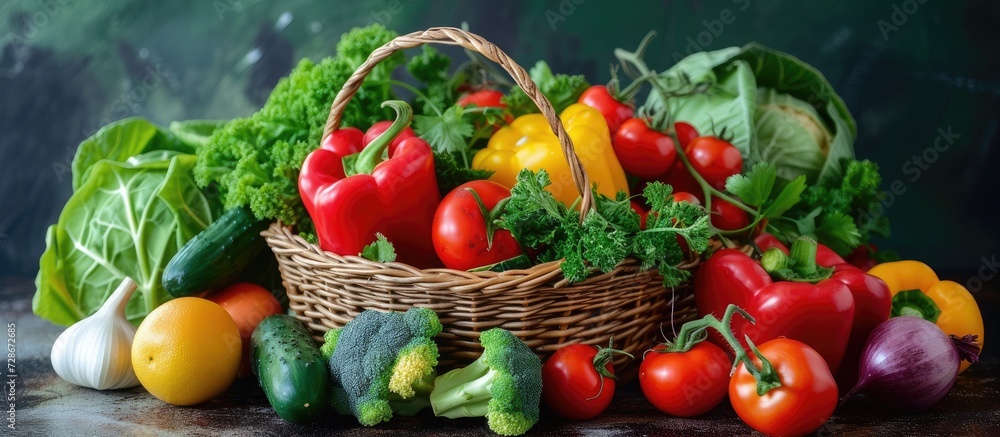 Basket of various fresh vegetables on a contrasting floor. Basket of various fresh vegetables on a contrasting floor.