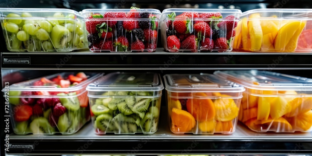 Pre packaged fruit salads in plastic boxes for sale in a refrigerator, Generative AI