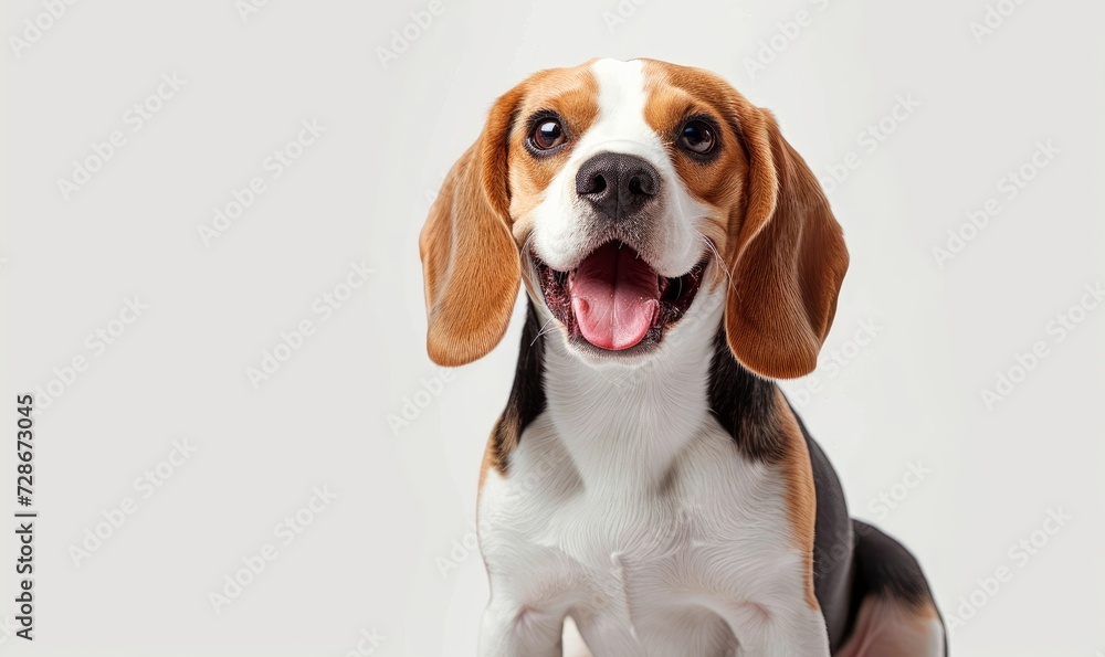 A joyful and amusing Beagle dog is enjoying itself in a solitary setting without any distractions, on a white background, Generative AI