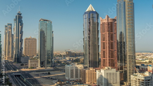 Business bay district skyline with modern architecture morning timelapse from above. © neiezhmakov