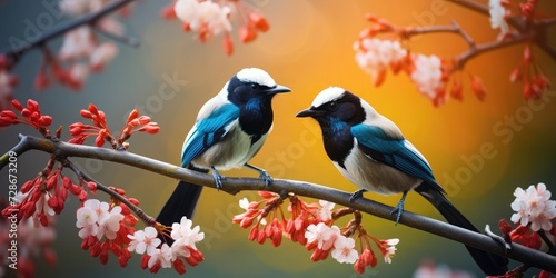 Two beautiful magpies, with blue feathers and red beaks, perched on a flower branch.