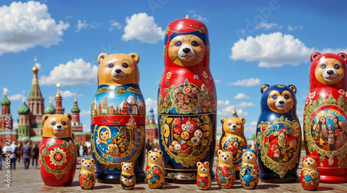 Matryoshka dolls in the form of bears against the background of Moscow. AI © vvicca
