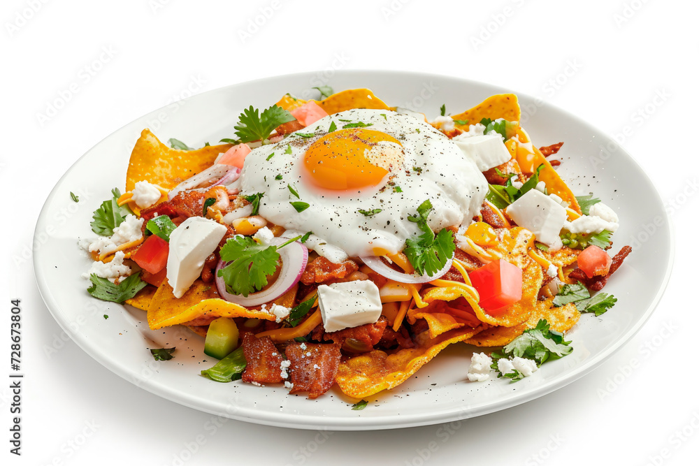 Traditional mexican chilaquiles isolated on white background. Mexican breakfast Traditional mexican chilaquiles isolated on white background. Mexican breakfast