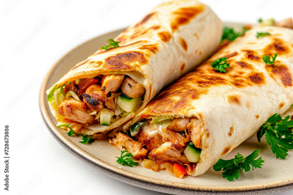 chicken shawarma wrap burrito isolated on white background chicken shawarma wrap burrito isolated on white background
