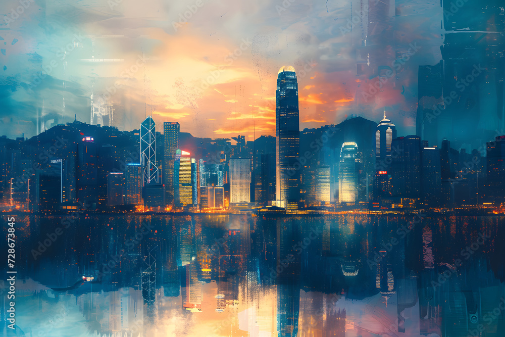 Urban Mirage: Double Exposure of Hong Kong's Night Cityscape